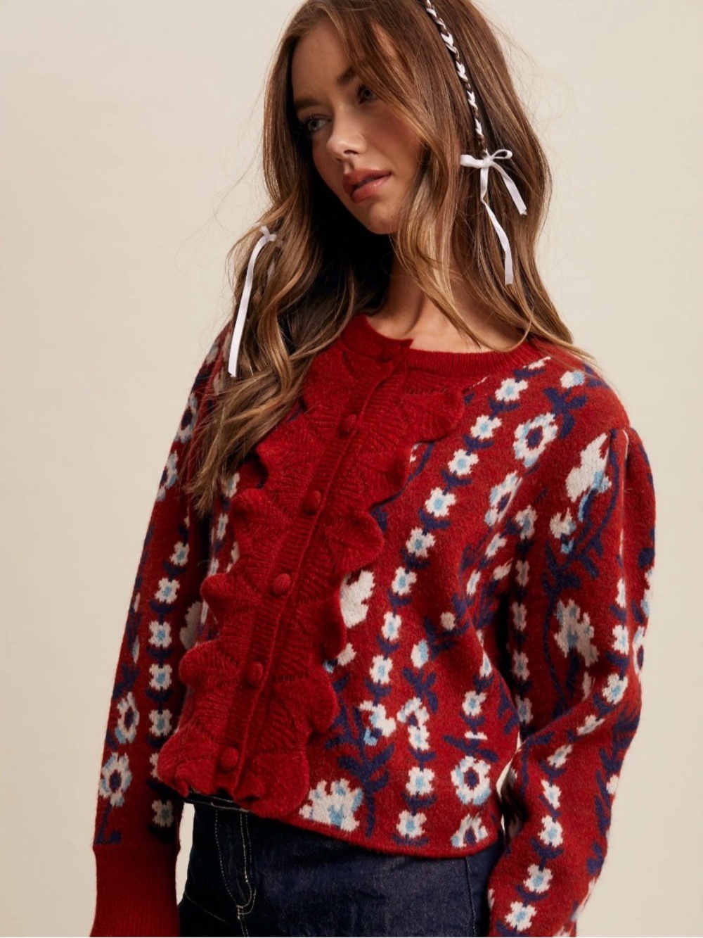 Listicle Cropped Red Floral Print Cardigan